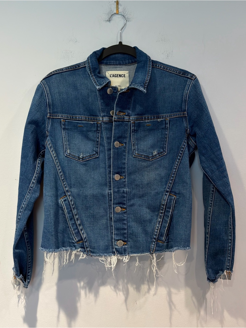 L'AGENCE Women's Janelle Slim Raw Edge Distressed Blue Denim Jacket